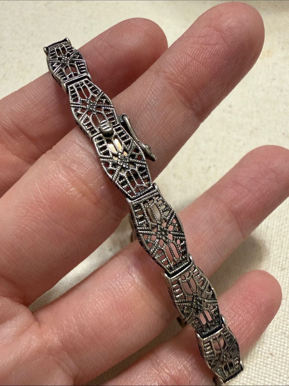 Vintage Antique Sterling Silver Filigree Bracelet W/Diamond & Black Dial 7.5’ - Picture 5 of 11